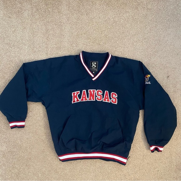NCAA Kansas Jayhawks Windbreaker Jacket Youth Large Navy Pullover Pockets‎ Gear - Picture 5 of 13